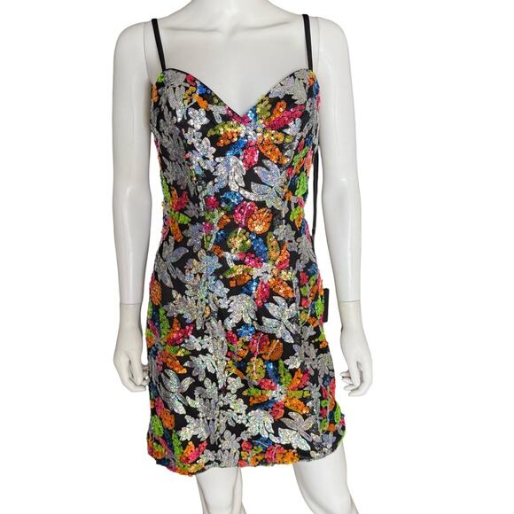 Mac Duggal Sequined Floral Detail Mini Dress 26867 Black Multi Women’s Sz 6 - Picture 4 of 11
